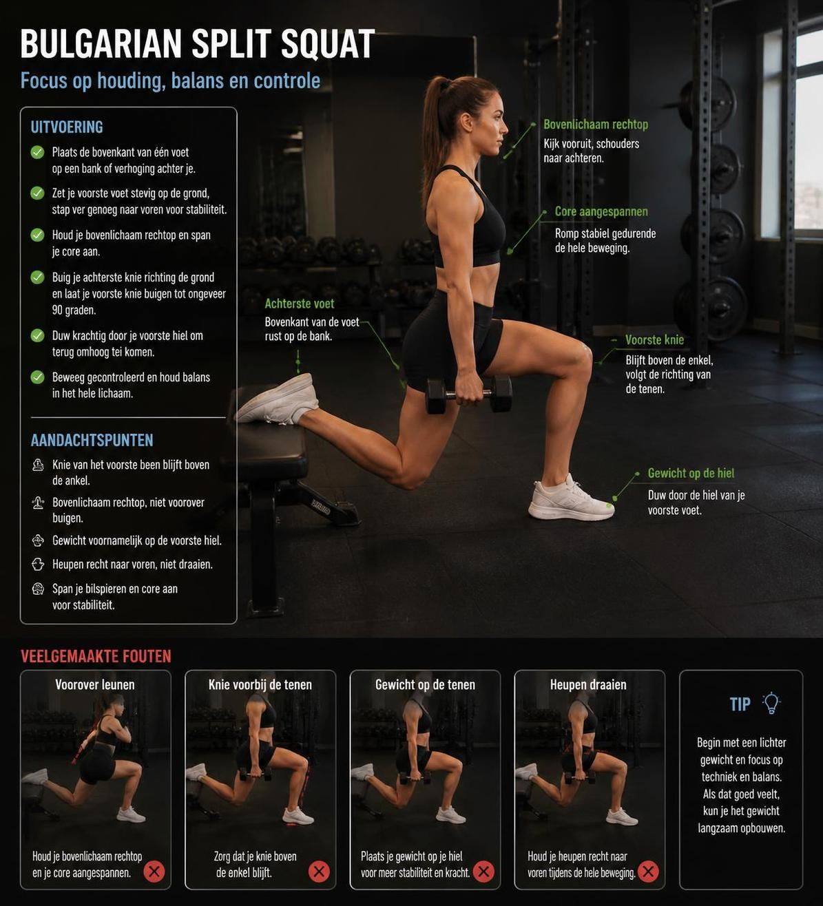 ontdek effectieve tips voor het correct uitvoeren van de bulgarian split squat om je benen en bilspieren te versterken en blessures te voorkomen.