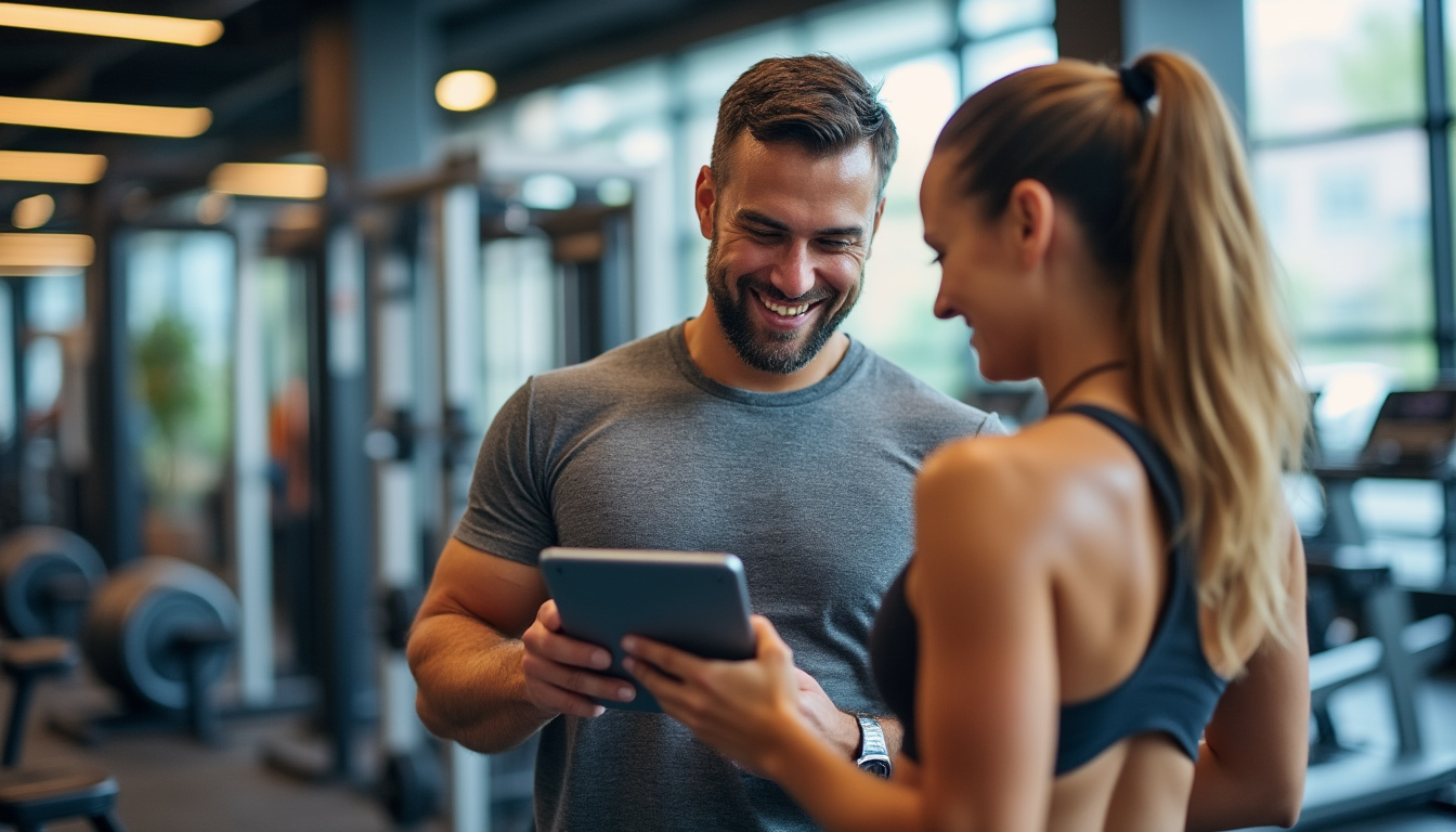 Fitness coach legt een trainingsschema uit aan een lid