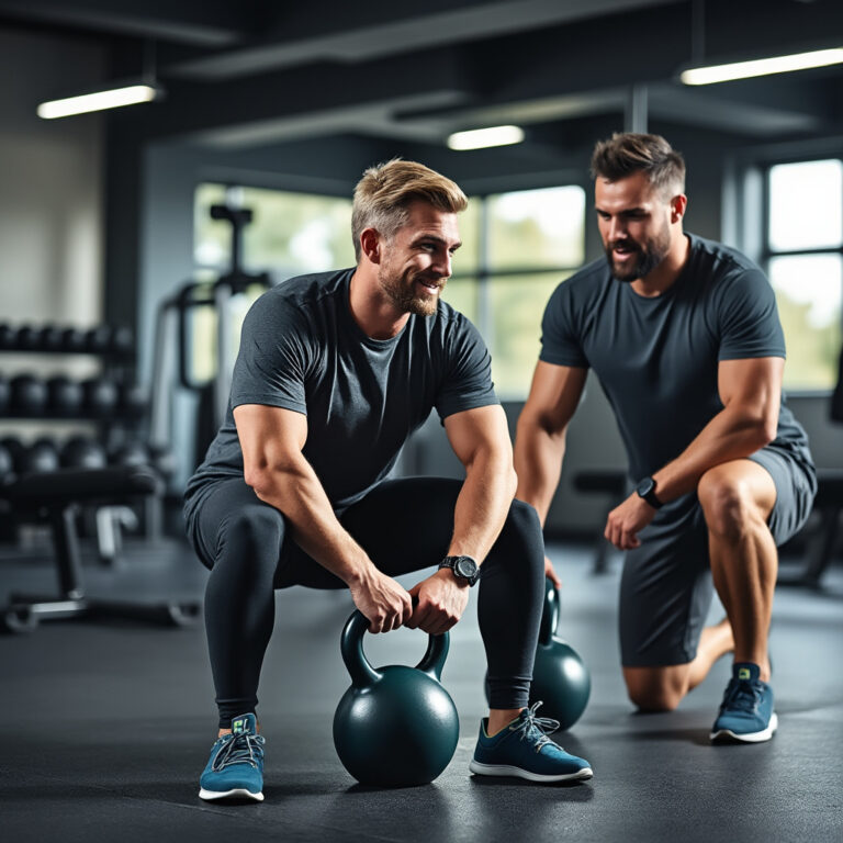 Personal trainer begeleidt een training met kettlebells
