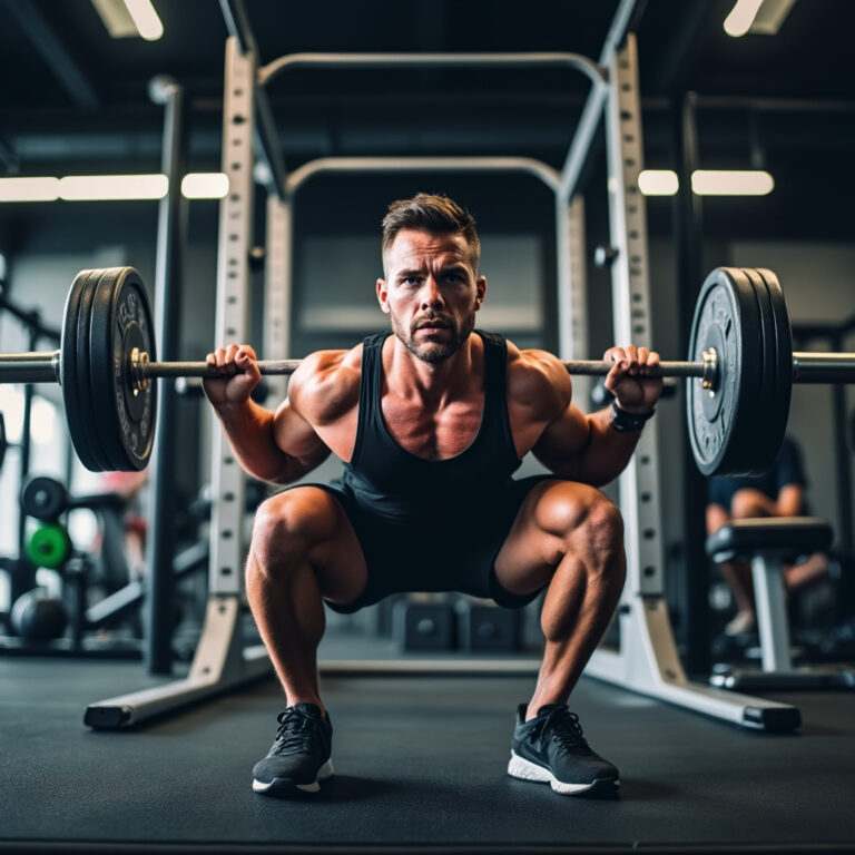 Sporter doet een barbell squat in de squat rack